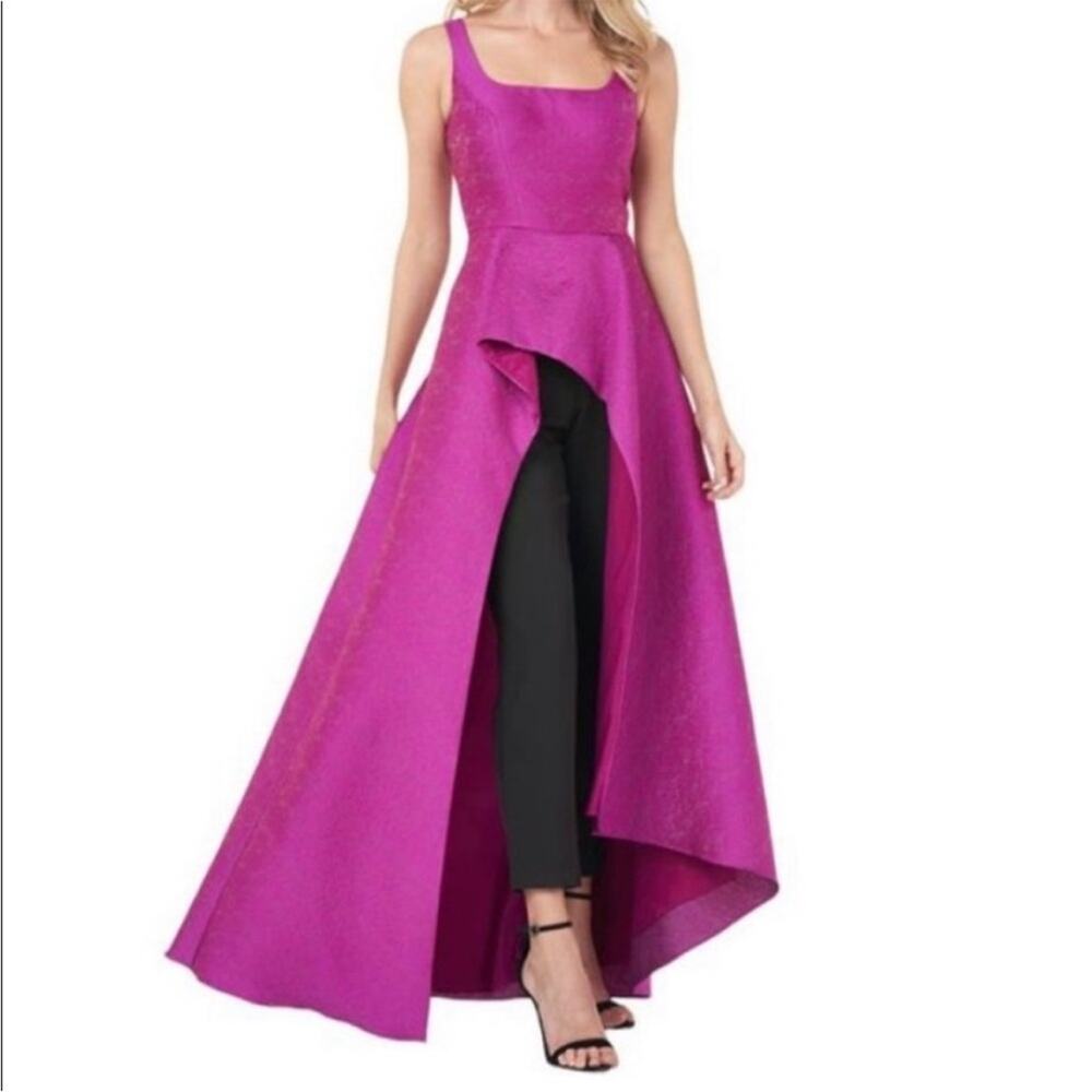 NWT KAY UNGER Jacquard Asymmetric Ruffle Maxi Romper jumpsuit Cerise Sz 8